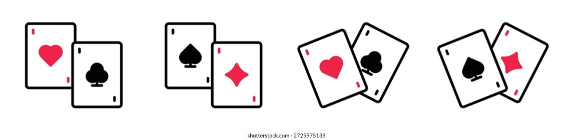 Conjunto de iconos de tarjeta de juego. Juegos de azar, juego de cartas, casino, concepto de póquer. Corazones, espadas, diamantes, palos, cartas. Signo rojo, blanco y negro, símbolo. Trazo editable. Ilustración vectorial. Diseño plano.