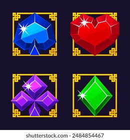 Playing card icons in golden ornament frame. Symbols heart, spade, diamond, and club for your casual game, slots or casino.