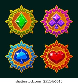 Playing card icons in solar disk frame, Maya style icons. Symbols heart, spade, diamond, and club for your casual game, slots or casino