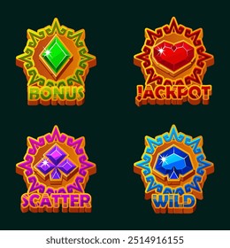 Iconos de la tarjeta de juego en marco de disco solar, iconos del estilo azteca. Símbolos corazón, espada, diamante y club para su juego casual, tragamonedas o casino