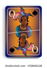 playing card with the image of a beautiful girl in the national headdress, the Queen of Spades