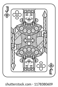 A playing card Jack of Clubs in black and white from a new modern original complete full deck design. Standard poker size.