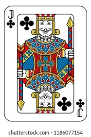 A playing card Jack of Clubs in yellow, red, blue and black from a new modern original complete full deck design. Standard poker size.