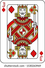 A playing card Jack of Diamonds in red, yellow and black from a new modern original complete full deck design. Standard poker size