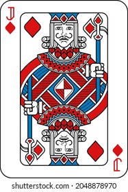 A playing card Jack of Diamonds in red, blue and black from a new modern original complete full deck design. Standard poker size.
