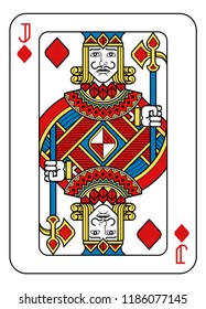 A playing card Jack of Diamonds in yellow, red, blue and black from a new modern original complete full deck design. Standard poker size.
