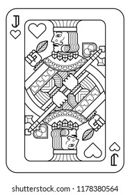 A playing card Jack of hearts in black and white from a new modern original complete full deck design. Standard poker size.