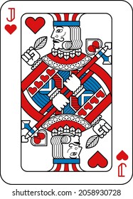 A playing card Jack of hearts in red, blue and black from a new modern original complete full deck design. Standard poker size.