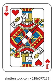 A playing card Jack of hearts in yellow, red, blue and black from a new modern original complete full deck design. Standard poker size.