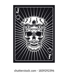 Playing card with jack skull in crown. Spades, royal hat. Flat vector illustration for gambling, poker club, online game concept