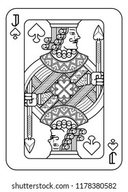 A playing card Jack of Spades in black and white from a new modern original complete full deck design. Standard poker size.