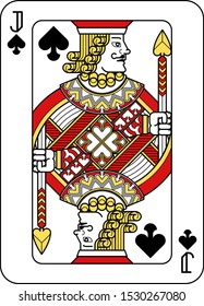 A playing card Jack of Spades in red, yellow and black from a new modern original complete full deck design. Standard poker size