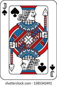 A playing card Jack of Spades in red, blue and black from a new modern original complete full deck design. Standard poker size.