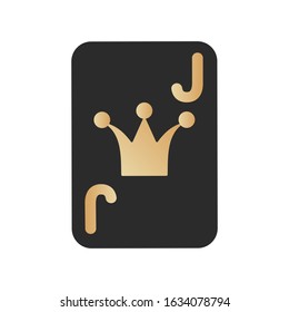A playing card Joker. Black playing card with golden crown or jesters hat sign and letter "J". Vector illustration isolated on white background.
