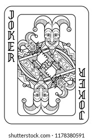 A playing card Joker in black and white from a new modern original complete full deck design. Standard poker size.