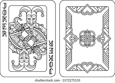 A playing card Joker and reverse or back of cards in black and white from a new modern original complete full deck design. Standard poker size.