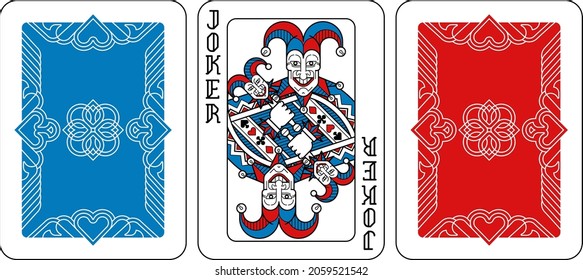 A playing card Joker and reverse or back of cards in red, blue and black from a new modern original complete full deck design. Standard poker size.