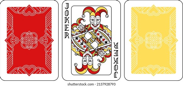 A playing card Joker and reverse or back of cards in red, yellow and black from a new modern original complete full deck design. Standard poker size.