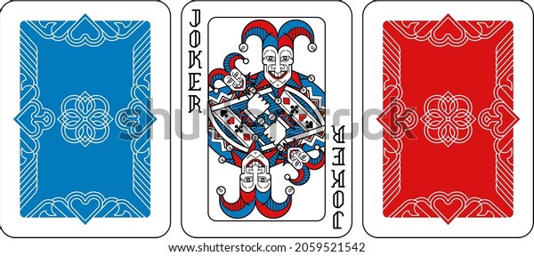 A playing card Joker and reverse or\
back of cards in red, blue and black from a new modern original\
complete full deck design. Standard poker\
size.