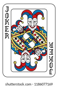 A playing card Joker in yellow, red, blue and black from a new modern original complete full deck design. Standard poker size.