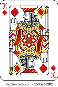 A playing card king of Diamonds in red, yellow and black from a new modern original complete full deck design. Standard poker size