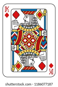 A playing card king of Diamonds in yellow, red, blue and black from a new modern original complete full deck design. Standard poker size.