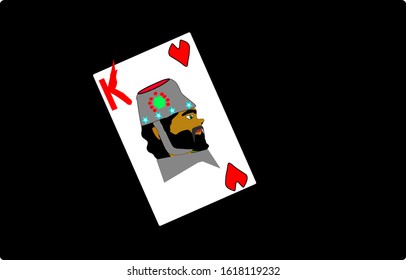 playing card, king of hearts on a black background, king in a gray helmet decorated with jewelry, gray camisole, long black beard and mustache