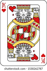 A playing card king of hearts in red, yellow and black from a new modern original complete full deck design. Standard poker size