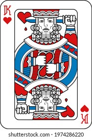 A playing card king of hearts in red, blue and black from a new modern original complete full deck design. Standard poker size.