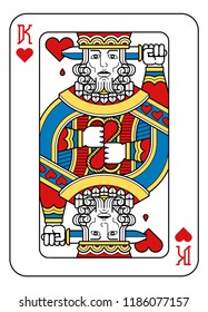 Una carta de juego rey de corazones en amarillo, rojo, azul y negro de un nuevo diseño original completo de la cubierta completa. Tamaño estándar de póquer.