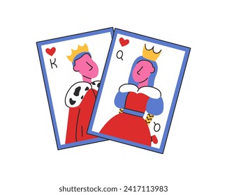 Jugando la carta con el rey y la reina en un estilo plano. Ilustraciones vectoriales del día de San Valentín aisladas en fondo blanco. Es bueno para pegatinas, diseño de tarjetas, etiquetas, clipart. Estilo groovy