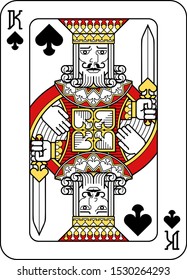 A playing card king of Spades in red, yellow and black from a new modern original complete full deck design. Standard poker size