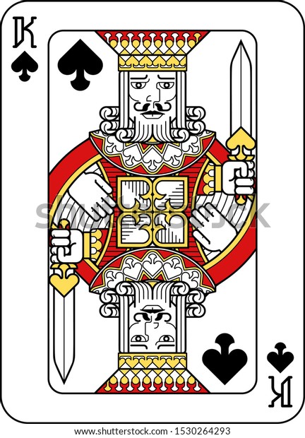 A playing card king of Spades in red, yellow and\
black from a new modern original complete full deck design.\
Standard poker size