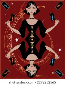 Una carta de juego de una dama sosteniendo cartas tarot que representan espadas contra un fondo de centavos dorados.