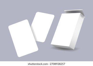 Playing card mockup. Two blank cards and open card box on a light background. The template is designed for showcasing card and packaging designs to clients.