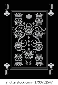 Playing card number 10 clubs . Ornament skull black and white. 