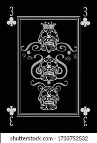 Playing card number 3 clubs . Ornament skull black and white. 