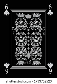 Playing card number 6 clubs . Ornament skull black and white. 