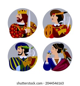 Playing card portraits in round frame isolated on white. Original vintage design in flat style. Vector illustration