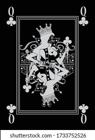 Playing card Queen clubs. Ornament skull black and white. 