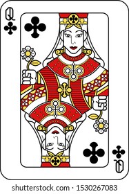 A playing card Queen of Clubs in red, yellow and black from a new modern original complete full deck design. Standard poker size