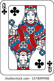 A playing card Queen of Clubs in red, blue and black from a new modern original complete full deck design. Standard poker size.