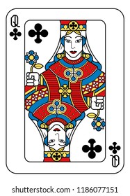 A playing card Queen of Clubs in yellow, red, blue and black from a new modern original complete full deck design. Standard poker size.