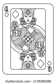 A playing card Queen of Diamonds in black and white from a new modern original complete full deck design. Standard poker size.