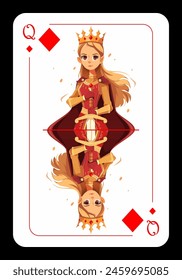 Playing card queen of diamonds. Queen of diamonds, original playing card design on black background. Vector illustration