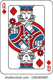 A playing card Queen of Diamonds in red, blue and black from a new modern original complete full deck design. Standard poker size.
