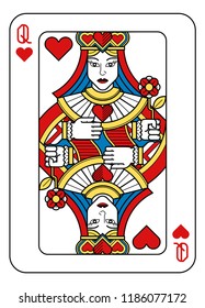 A playing card Queen of hearts in yellow, red, blue and black from a new modern original complete full deck design. Standard poker size.