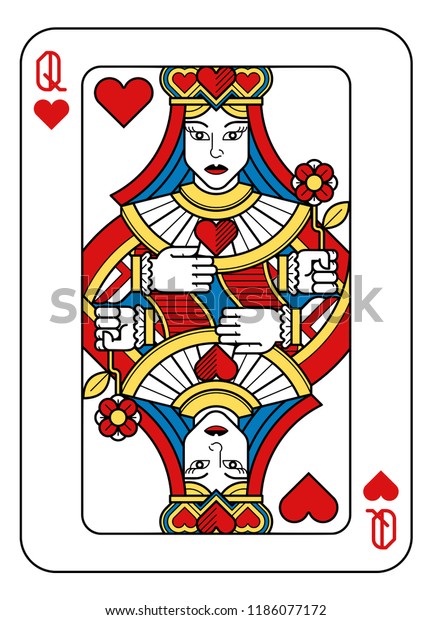 A playing card Queen of hearts in yellow, red, blue\
and black from a new modern original complete full deck design.\
Standard poker size.
