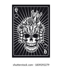 Playing card with queen skull in wig. Spades. Flat vector illustration for gambling, poker club, online game concept