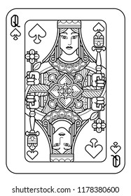 A playing card Queen of Spades in black and white from a new modern original complete full deck design. Standard poker size.